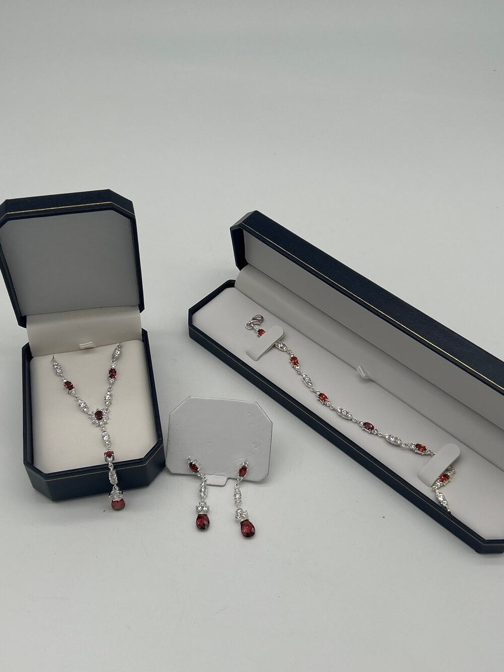 3pc Red Rhinestone Costume Jewelry Set Necklace Bracelet Earrings w/ Boxes